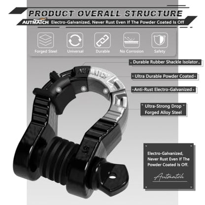 AUTMATCH D Ring Shackles 3/4" Mega Shackle (2 Pack) 68,000Ibs Break Strength - Heavy Duty Clevis Shackles with 7/8" Screw Pin and Isolator Washer for Tow Strap Winch Off Road Vehicle Recovery, Black - color: Gloss Black