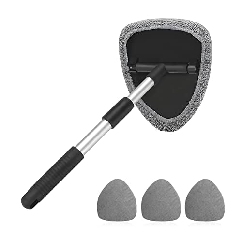 Windshield Cleaning Tool, Car Window Cleaner with Extendable Long Handle and 4 Washable Reusable Microfiber Pads, Auto Interior Exterior Glass Wiper Cleaning Kit Universal for Office and Home (Gray) - color: Gray
