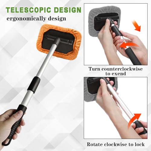 Windshield Cleaning Tool, Car Cleaning Window Tool, Car Window Cleaner with Unbreakable Extendable Handle and Microfiber Cloth, Scratch-Free Car Cleaning Brush for Auto Glass Wiper (Orange) - color: Orange