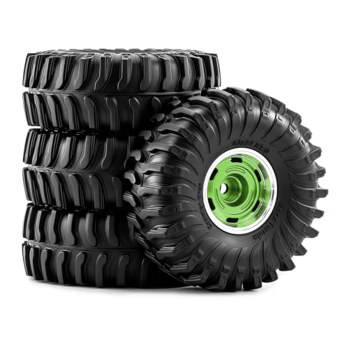 1.0" Beadlock Aluminum Wheels and 64mm Soft Rubber Tires | for SCX24, TRX4M, Ascent 18, FCX24, 1/18 1/24 RC Crawler, 7mm Hex, 0mm Offset, with Foam Inserts, (Green A) - color: Green a
