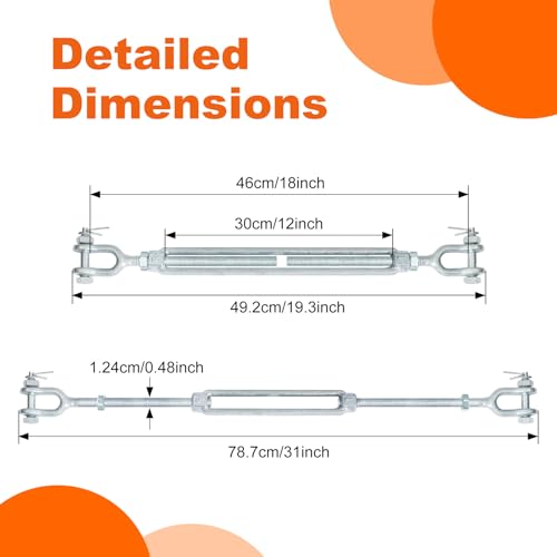 1/2 x 12 Inch Galvanized Turnbuckle Forged Jaw and Jaw Turnbuckles for Cable Rail Rigging Rope Chain 2200 lbs Load, 2PCS (1/2'' X 12'') - size: 1/2'' X 12''
