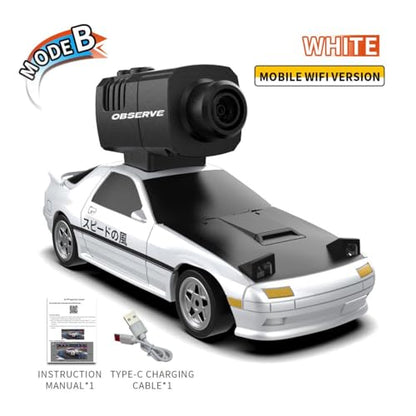 Mini 4WD RC Drift Car with Camera, Full Proportional High Speed Remote Control Vehicle, APP Controlled RC Racing Car with Gyroscope Drift System, LED Lights, Rechargeable Battery - color: White