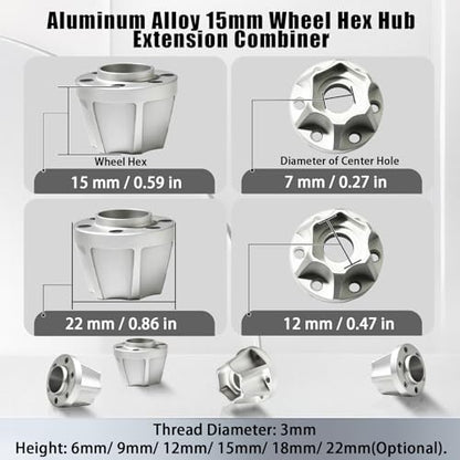 RC 15mm Metal Wheel Hex Hubs Extension Combiner Compatible with 1.9”/2.2” Beadlock Wheel Rim TRX4 Axial SCX10 Traxxas Wraith Gen7 Gen8 D90 CC01 1/10 RC Crawler, 4 Pcs - color: Silver, size: 15mm