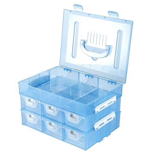 MyGift 11 Inch Sky Blue Transparent Arts and Crafts Sewing Supplies Storage Organizer Case with White Accents, 24 Customizable Compartments, 6 Drawers Removable Dividers - color: Aqua Blue