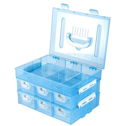 MyGift 11 Inch Sky Blue Transparent Arts and Crafts Sewing Supplies Storage Organizer Case with White Accents, 24 Customizable Compartments, 6 Drawers Removable Dividers - color: Aqua Blue