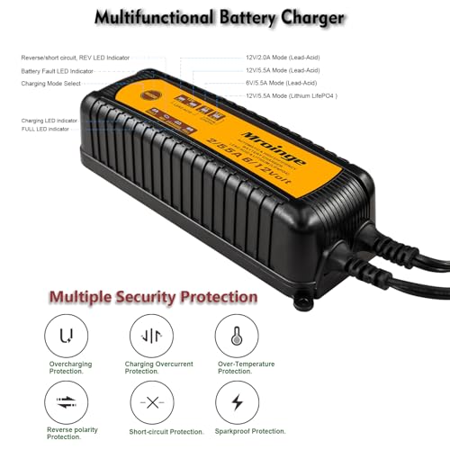 Smart Battery Charger, Mroinge 5.5A 6V/12V Automatic Battery Charger/Maintainer for Cars, Motorcycles, SUVs, Trucks and More, Suitable for Charging Lead-Acid & Lithium (LiFePO4) Batteries
