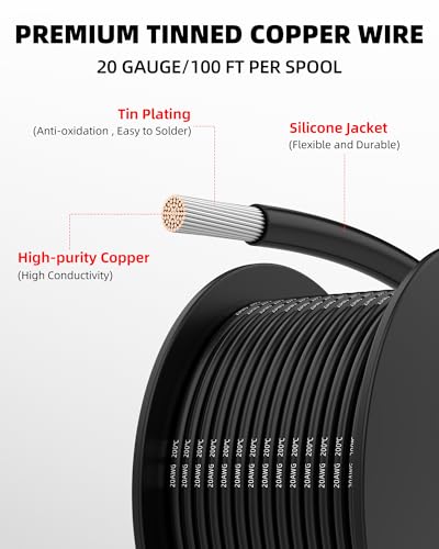 NAOEVO 20 Gauge Wire, Tinned Copper Silicone 20 AWG Automotive Wire, 600FT | 200°C, High Conductivity, Flexible 20 AWG Stranded Wire, 20 AWG Wire for Automotive, LED, DIY, Circuit (6 Colors 100ft/Spool) - size: 100ft, style: 20AWG