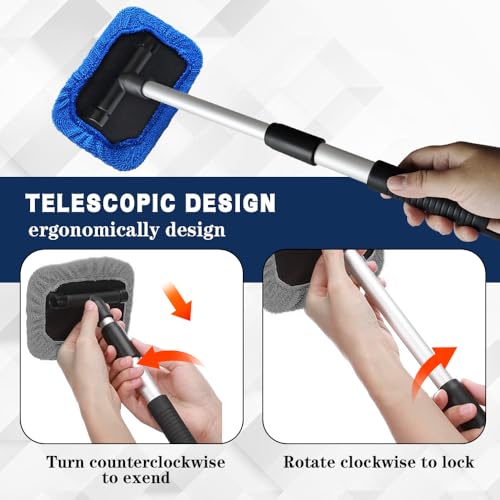 Windshield Cleaning Tool, Car Window Cleaner, Vehicle Window Cleaner with Extendable Handle & 2 Washable Microfiber Pads, Car Interior Glass Wiper Cleaning Kit for Most Vehicles (Blue) - color: Blue