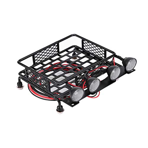 Small Size Roof Rack Luggage Carrier with LED Light Round, RC Roof Rack for Axial SCX10 1/10 RC Car, Metal RC Roof Rack with 4 LED Lights, Lightweight and Durable Accessory for RC (2 White 2)