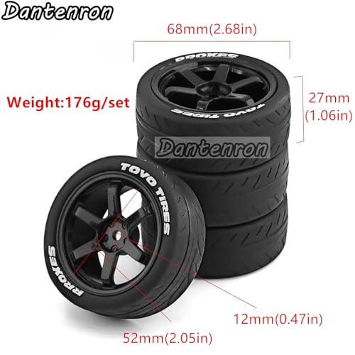 1/10 RC On Road Tires OD 68mm and Hard Plastic Street Wheels 12mm Hex Touring Tyres for 1:10 Rally Racing Drift Car Tamiya TT01 TT02 XV01 HPI KYOSHO HSP PTG2 Traxxas TA06 A959 4PCS (Black) - color: Black