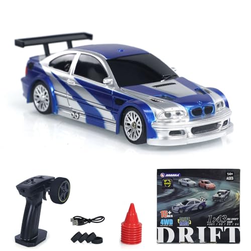 1/43 Scale RC Drift Race Car Gyro 4WD Ready to Go Mini Remote Control Vehicle High Speed Hobby Car Model with Gyro(Blue and Silver), for Ages 14+ - color: Blue and Silver