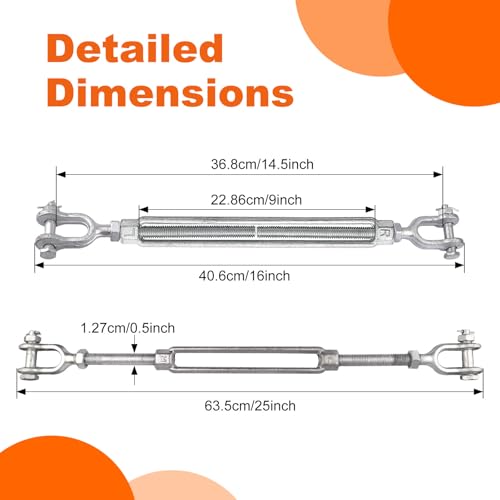 1/2 x 9 Inch Turnbuckle Forged Galvanized Steel Jaw and Jaw Turnbuckles for Cable Rail Rigging Rope Chain, 2,200 lbs Working Load Limit, 2PCS (1/2" X 9") - size: 1/2" X 9"
