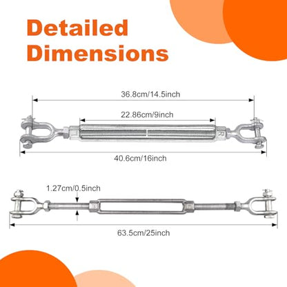 1/2 x 9 Inch Turnbuckle Forged Galvanized Steel Jaw and Jaw Turnbuckles for Cable Rail Rigging Rope Chain, 2,200 lbs Working Load Limit, 2PCS (1/2" X 9") - size: 1/2" X 9"
