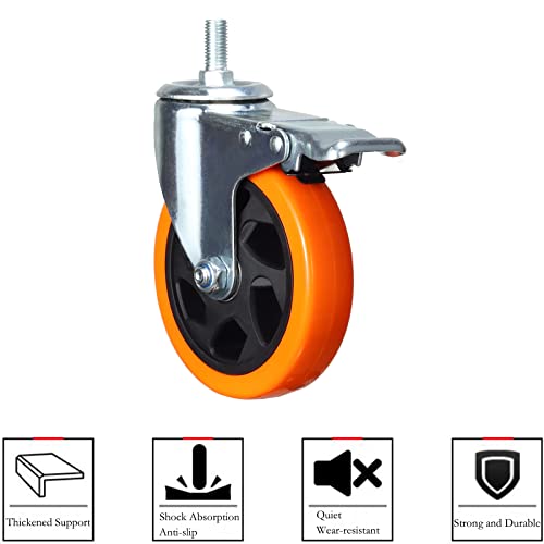 Heavy Duty Swivel Wheels, 3 Inch Yellow PVC Casters with Metric Stem M12-1.75x25mm Double Brakes Castors Safety Wheels up to 1200 Lbs/Set for Industry and Furniture Set of 4 - style: 5 Inch with Brake