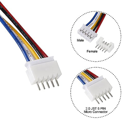 Alinan 20pcs Jst 2.0 Ph 5 Pin Connector Plug, Included 10pcs Mini 5 Pin Jst Ph2.0 26AWG Female Connector Plug with 300mm Cable Wire and 10pcs Micro Jst Ph2.0mm 5Pin Male Connector Plug - color: 5Pin 26AWG 300mm Cable