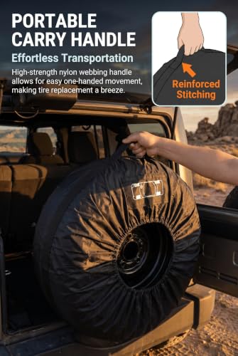 Spare Tire Cover, 190T Polyester Taffeta Waterproof Auto Wheel Bags, Portable Tire Storage Bag with Pocket and Handle, Adjustable Drawstring for 19"-23" Tires, Universal for Most Cars (Black)