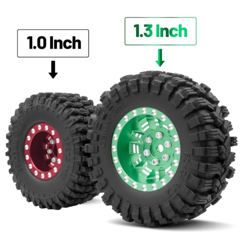 OGRC 1.3" Aluminum Wheels and All Terrain Tires for 1/18 1/24 RC Upgrade | 7mm Hex, Super Soft Compound Tires, for TRX4M SCX24 RC Carwler Car, Green - color: Green