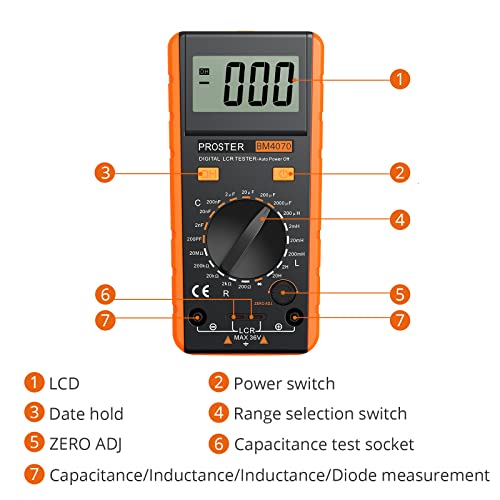Proster LCR Meter Multimeter Capacitance Inductance Resistance Tester | 200pF-2000μF Capacitance, 200μH-20H Inductance, 200Ω-100kΩ Resistance. Rotatable LCD Data Hold Auto Power Off Zero Adj - color: Yellow