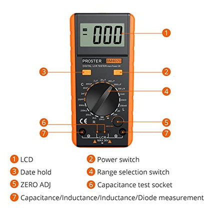 Proster LCR Meter Multimeter Capacitance Inductance Resistance Tester | 200pF-2000μF Capacitance, 200μH-20H Inductance, 200Ω-100kΩ Resistance. Rotatable LCD Data Hold Auto Power Off Zero Adj - color: Yellow