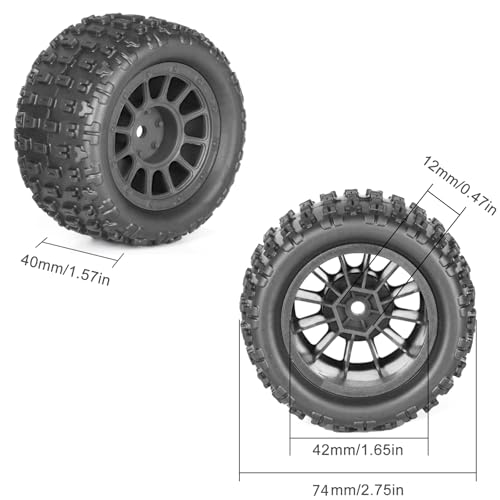 4Pcs Monster Truck Tires 1/16 1/18 Scale 74mm Pre-glued Foam Insert Tires for ARRMA Granite 1/18 Granite/Typhon, WLtoys A949, MJX Hyper Go H16, High-Grip Ready-to-Run - color: Black