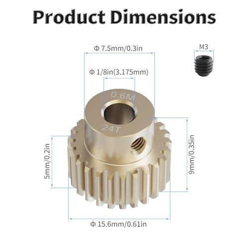 Pinion Motor Gear, M0.6 24T, 1/8 in (3.175mm) Shaft Hole | M0.6 Pitch 24 Teeth, 7075 Aluminum Alloy, 1/8 Inch Shaft Hole, RC Motor Pinion Upgrade, for 1/10 RC Brushless Crawler - size: M0.6 24T