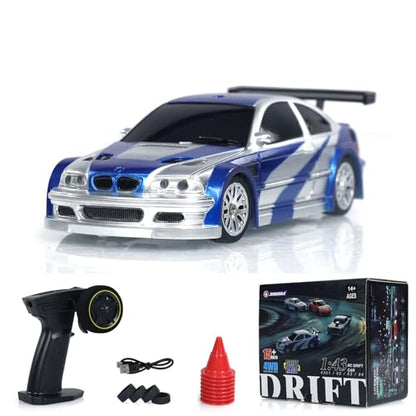 1/43 RC Scale RTR Race Car Remote Control Drift 4WD Mini Lights System RTR High Speed Four-Wheel Drive Racing Model Full Proportional RC Electric Car Gift(Blue and Silver), - color: Blue and Silver
