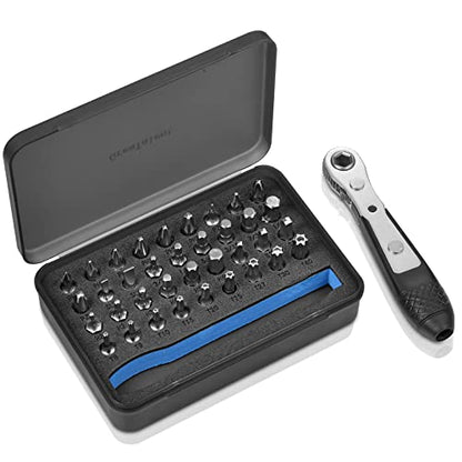 GreaTalent 37pc Mini Ratchet Wrench Screwdriver Bit Set with 1/4 inch S2 Steel Bits, 36-Tooth, Magnetic Bit Holder Quick Release, Low Profile 90 Degree Right Angle Offset Reversible Drive Handle | S2 Steel 1/4" Hex Shank Magnetic Bit Holder, 36-Tooth Gear