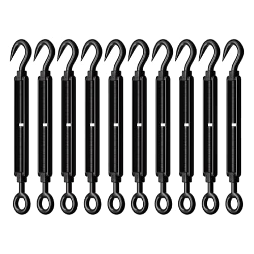 10 Pack Black Stainless Steel M6 Hook and Eye Turnbuckle, Heavy Duty Wire Rope Tensioner, Adjustable Hardware Kit for DIY String Light and Picture Hanging, Shade Sail, Cable Tightening - color: Hook and Eye, size: M6-10 Pcs