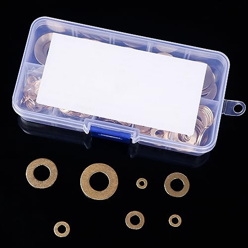 Brass Flat Washer Gasket Kit – 210 Pieces Washers Assortment for M3, M4, M5, M6, M8, M10 and M12 Screws and Bolts