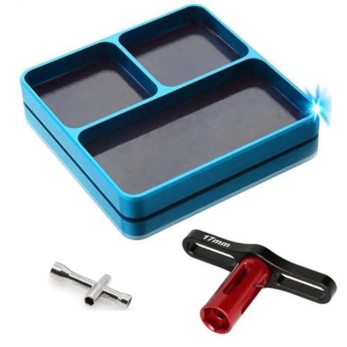 Aluminium RC Screw Tray Nuts Storage Tools with Magnetic Pad and 17mm Hex Wheels Wrench & Small Cross Hex Wrench Sleeve Repair Set Kit for 1/8 1/10 Car HSP HPI Axial Airplane Boat (Sky Blue) - color: Sky Blue