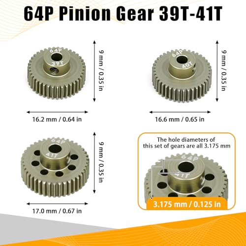 64P Pinion Gear 3.175mm Shaft 7075 Aluminum Alloy Motor Gears,0.6 Metric Pitch 39 40 41T with 1/8 Hole Pinion Gear Compatible with 1/10 Arrma HPI Kyosho Losi Axial Traxxas Tamiya RC Car - size: 39 40 41T