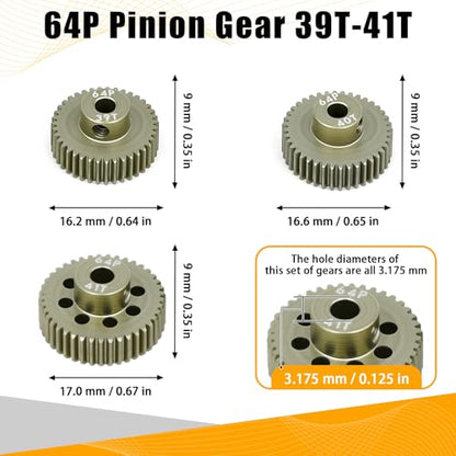 64P Pinion Gear 3.175mm Shaft 7075 Aluminum Alloy Motor Gears,0.6 Metric Pitch 39 40 41T with 1/8 Hole Pinion Gear Compatible with 1/10 Arrma HPI Kyosho Losi Axial Traxxas Tamiya RC Car - size: 39 40 41T