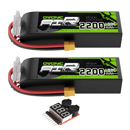 OVONIC 3S Lipo Battery 100C 2200mAh 11.1V Lipo Battery with XT60 Connector for RC Airplane Helicopter Quadcopter RC Car Truck Boat(2 Packs)(with Lipo Voltage Checker)