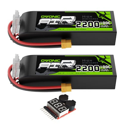OVONIC 3S Lipo Battery 100C 2200mAh 11.1V Lipo Battery with XT60 Connector for RC Airplane Helicopter Quadcopter RC Car Truck Boat(2 Packs)(with Lipo Voltage Checker)