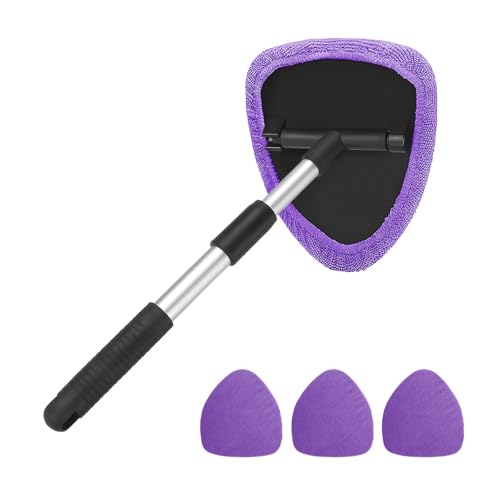 Windshield Cleaning Tool, Car Window Cleaner with Extendable Long Handle and 4 Washable Reusable Microfiber Pads, Auto Interior Exterior Glass Wiper Cleaning Kit Universal for Office and Home (Pueple) - color: Pueple