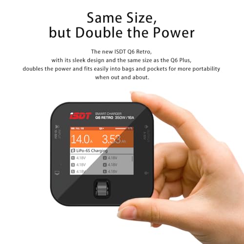 ISDT Q6 Retro 350W 16A DC Smart Pocket Charger, XT60 Battery Charger for 1-6S Life/LiPo/LiHV, Compact & Portable with USB-C Firmware Upgrade, Adjustable Digital Power Supply Mode