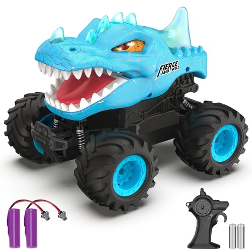Dinosaur Remote Control Car, 2.4GHz Monster Truck Toys Rechargeable RC Cars 1:24 Scale RC Truck with LED Light Movable Mouth, Dinosaur Cars Toys for Kids Boys 6-8 8-12 Birthday Gift, Blue - color: Blue