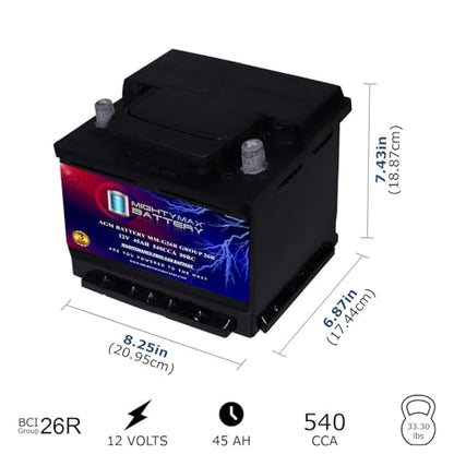 Mighty Max Battery MM-G26R BCI Group 26R 12V 45AH, 80RC, 540 CCA, Rechargeable SLA AGM Battery - style: Group 26R