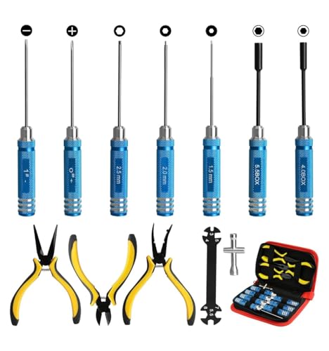 13-Piece RC Tool Kit, Hex Screwdrivers, Box Socket Drivers, Long Nose Pliers, Wire Cutter, Ball Joint Tool & Nylon Storage Bag for RC Cars, Trucks, Helicopters and Drones