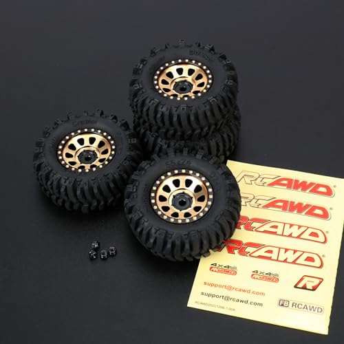 RCAWD 1.0" 7mm Hex Brass Weights Wheels Tires Set, Beadlock RC Crawler Wheels for 1/24 1/18 TRX4M SCX24 FCX24 FCX18 AX24 HobbyPlus CR18P FMS Upgrades Parts 63g*4pcs,55 * 22mm