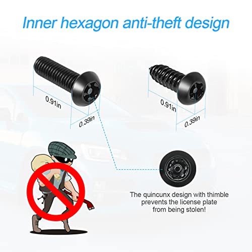 YALOK Anti Theft License Plate Screws Kits- Rustproof Stainless Steel Car Tag Plate Mounting Hardware, M6 (1/4") Tamper Proof Fastener Nut, Caps Cover for Front Rear Frame Holder Mounting（AT-Black/8）