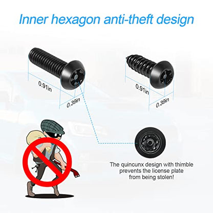YALOK Anti Theft License Plate Screws Kits- Rustproof Stainless Steel Car Tag Plate Mounting Hardware, M6 (1/4") Tamper Proof Fastener Nut, Caps Cover for Front Rear Frame Holder Mounting（AT-Black/8）