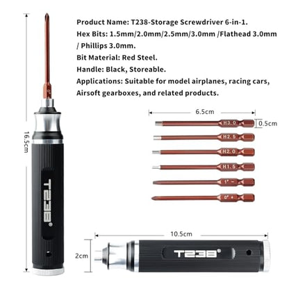 T238-Hex Screw Driver Set, Storage Hexagon Screwdriver Tool Kit for Airsoft Tool Multi-Axis FPV Racing Drone RC Quadcopter Helicopter Car Models（1.5MM/2.0MM/2.5MM/3.0MM / Slotted&Cross 3.0MM）