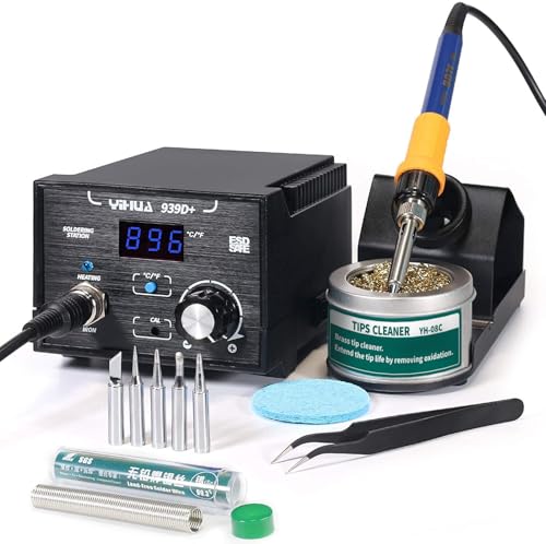 YIHUA 939D+ Digital Soldering Station, 75W Equivalent with Precision Heat Control (392°F to 896°F) and Built-in Transformer. ESD Safe, Lead Free with °C/°F display (Black) - color: Black