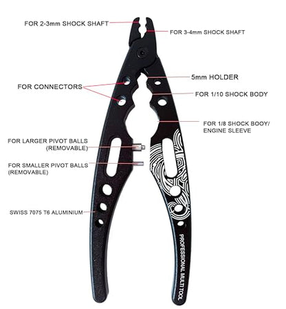 RC Shock Absorber Pliers Rod Ball Clamp Tool for 1/8 1/10 Crawlers Trucks | 6 tools: ball joint pins, shock body/shaft holders, turnbuckle grip, soldering jig 4/5mm. Removable pins. 1/8 1/10 RC.