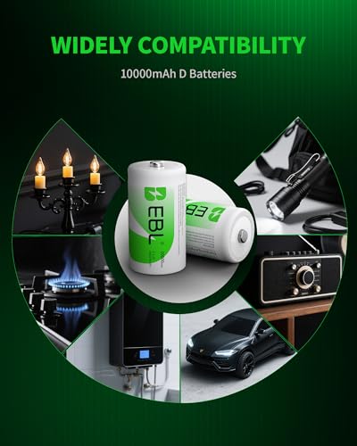 EBL D Cell Batteries 10,000mAh Ultra Pro Ni-MH Rechargeable D Batteries, 4-Pack | 10000mAh Ni-MH compatiable with Flashlights, Radios, Portable Speakers, Mercury-Free, 1200 Cycles
