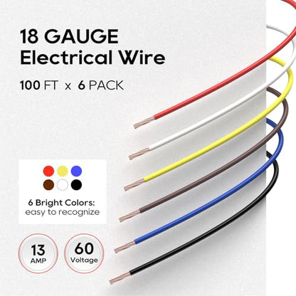 TOPDC 18 Gauge Electrical Wire Combo, 6 Colors, 100FT Each Automotive Wire, Copper Clad Aluminium Hook up Wire Kit for Car Audio,Automotive Wiring, LED Lighting,etc - size: 18awg-600ft Cca
