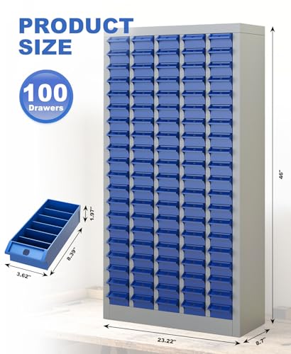 100-Drawer Small Parts Cabinet, Bolt Bins Organizer for Shop, Alloy Steel Frame & ABS Drawers Hardware Storage Cabinet with Label Stickers & Drawer Dividers for Garage Workshop