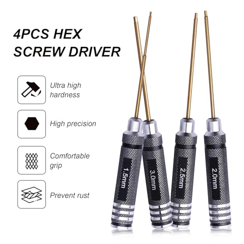 HobbyPark 1.5mm 2.0mm 2.5mm 3.0mm Hex Screw Driver Set Titanium Hexagon Screwdriver Wrench Tool Kit for RC Multi-Axis FPV Racing Drone RC Quadcopter Helicopter RC Car Models, 4PCS