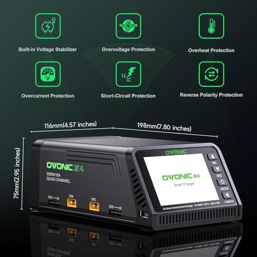 OVONIC X4 LiPo Balance Charger AC 500W 4 Channels, 15A per Channel, Supports 1S-6S LiPo/Li-ion/LiHV/Life and 3S-18S NiMH, Built-in Safety Protections